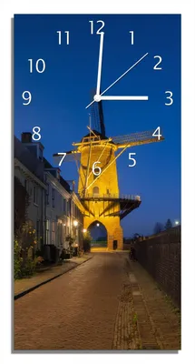Produktbild von Wallario Design Wanduhr bedruckt, Größe 30 x 60 cm, Motiv: Windmühle bei Nacht