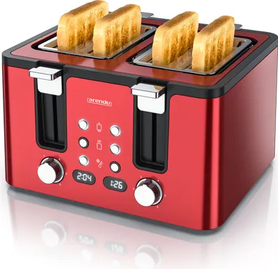 A red four-slice toaster with toast inside, shown from a slightly elevated front-left angle on a white background.