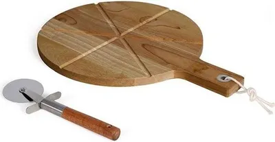 Image de Set Pizza LIVOO, Bois Acacia 30 x 45 cm, Roulette à Pizza, Poignée avec Trou de Suspension, MES158