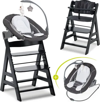 A collage showing a black wooden high chair with a gray newborn set attached, a separate black high chair, and a gray newborn bouncer with a green plus sign indicating it can be combined with the high chair.