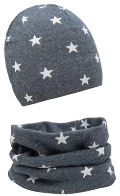 Immagine prodotto di Set da 2 pezzi: berretto beanie per bambina e sciarpa tubolare, in cotone, con motivo a stelle, colore grigio, taglia 44-48