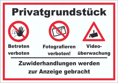 Produktbild von Privatgrundstück Betreten Fotografieren verboten Videoüberwachung Aufkleber A9 (37x52mm)