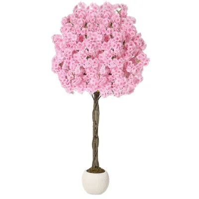 Image de Arbre artificiel de cerisier en fleurs (Sakura), 180 cm - Vert - Plante d'intérieur réaliste pour la maison, le bureau et la terrasse, ne nécessitant aucun entretien