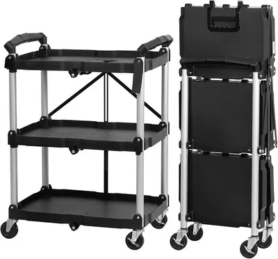 Produktbild von Faltbarer Servierwagen mit Rollen | 64 x 40,5 x 82 cm, Bis zu 150 kg Belastbar | Schwarz | dreistufiges Faltregal, Klappregal mit 3 Etagen | Klappbares Standregal, Klappbares Regal