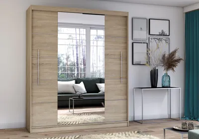 Produktbild von Schwebetürenschrank Kleiderschrank Schrank 204cm SONOMA/SONOMA mit zwei Spiegeln, Zierleisten und LED Beleuchtung Torino