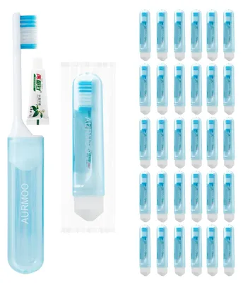 Zdjęcie produktu dla Podróżne szczoteczki do zębów 30 sztuk, składane jednorazowe szczoteczki z pastą, na kemping