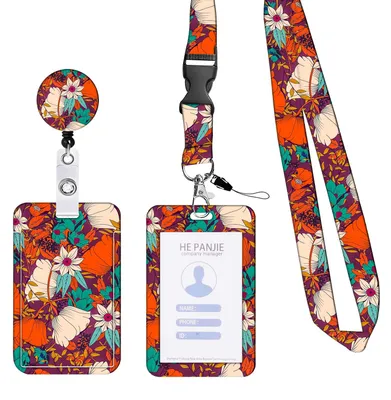 Produktbild von 1 Stück Orange Floral Kartenhalter Schlüsselband, Halskartenhalter, Umhängeband,