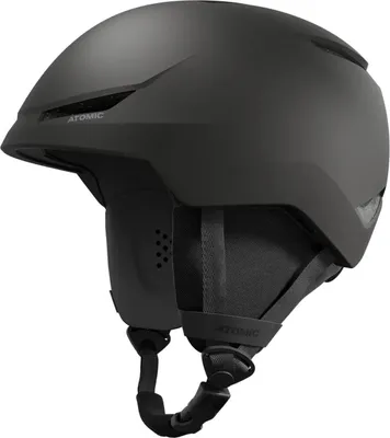 A black ski helmet on a white background.