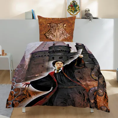 A Harry Potter themed duvet cover and pillowcase set displayed on a bed, with a castle and character illustration.