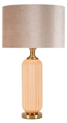 Imagen del producto de Lámpara de mesa Perly, con base de vidrio estriado, pantalla de tela, nácar y oro, diámetro 35,5 cm, altura 64 cm, casquillo E27