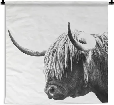 Produktbild von MuchoWow® Wandteppich Wandbehang Schottisches Hochlandrind - Horn - Schwarz - Weiß 150x150 cm Tapisserie Dekoration Wandtuch - Wohnaccessoires - Modernes