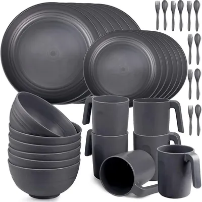 Image de Ensemble de vaisselle en plastique, 36 pièces, pour 6 personnes | Léger et incassable | Gris | Idéal pour le camping, les activités de plein air et les enfants