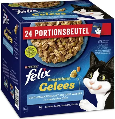A box of Felix Sensations Gelees cat food.