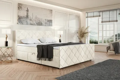 Produktbild von MEBLINI Boxspringbett mit Bettkasten - Gepolstert Doppelbett mit Matratze und Topper - Polsterbett mit Stauraum - Bett mit Kopfteil - Stauraumbett - HENRY - 180x200 - H3P/Creme Samt