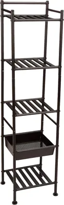 Obrázok produktu pre Polica na toaletu – polica s 5 policami a košíkom – oceľ – umiestnenie nad toaletou – 30 x 33 x 140 cm – čierna