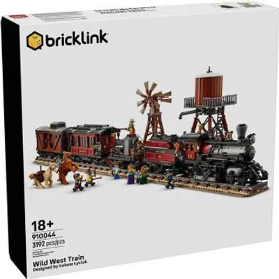 The image shows the box of a Bricklink Wild West Train LEGO set, featuring a detailed illustration of the assembled model.