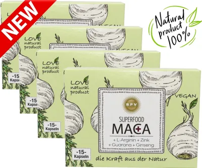 Produktbild von BPV - SUPERFOOD MACA + / 60 Kapseln Hochdosiert / Hardcore Booster / Testo Booster: Mit Extra - L-Arginin + Guarana + Ginseng + Zink + Koffein - Ohne Künstliche ZusatzstoffeSehr gute Verträglichkeit - Sehr hohe Kundenzufriedenheit. Auch zu finden unter der Kategorie: Creatin Monohydrat, BCAA, EAA, Aminosäuren, Kreatin, Tribulus Terrestris, Vitamine, Mineralstoffe, Vitalstoffe, Sporternährung, Supplements,