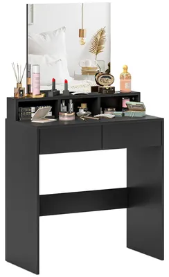 Productafbeelding van Make-uptafel met spiegel - Kaptafel met 2 lades - 3 open vakken - Geschikt voor kleine slaapkamers - 75x38x135 cm - Zwart