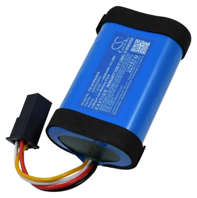 A blue lithium-ion battery pack with a black connector and wires.