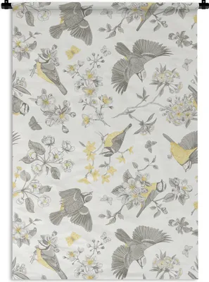 Produktbild von MuchoWow® Wandteppich Wandbehang Blumen - Vogel - Muster 60x90 cm Tapisserie Dekoration Wandtuch - Foto-Teppich - Abwaschbar