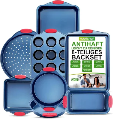 Produktbild von Nutrichef Backformen Set 8 -Teilig – Antihaftbeschichtetes Backform Set – für Süßes als Kuchenform Set & Muffinblech oder Salziges als Pizzablech