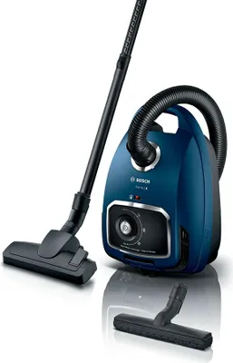 A blue Bosch Serie 6 vacuum cleaner with its accessories is displayed against a white background.