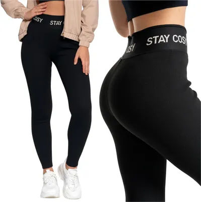A woman wearing black leggings and a beige jacket, shown from the front and side.