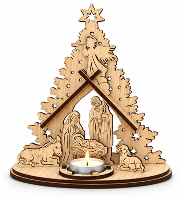 Holz-Krippe mit Teelichthalter, 20,4 x 18,4 cm, Weihnachtsdeko