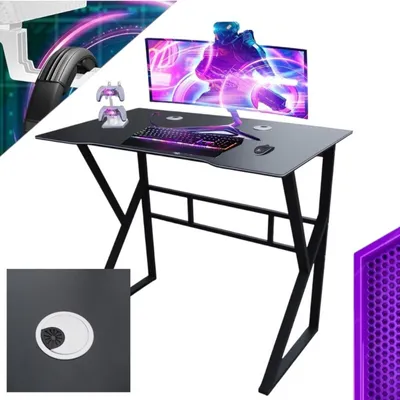 A gaming computer desk setup with a monitor, keyboard, mouse, and controllers, along with close-up details of the desk.