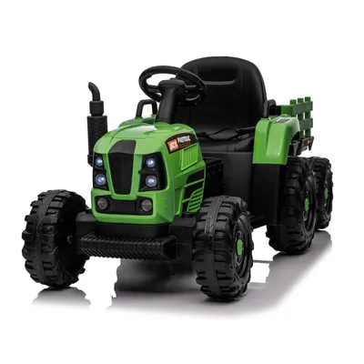 Productafbeelding van Elektrische kinderauto in tractor-stijl met aanhangwagen, instelbaar in drie snelheden, vermogensindicator, werkt op 12V batterij, met afstandsbediening, USB, MP3, Bluetooth en LED-verlichting