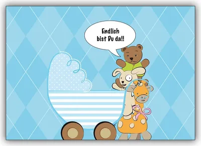 Produktbild von 4x Blaue Babykarte zur Geburt eines Jungen mit Kinderwagen: Endlich bist Du da
