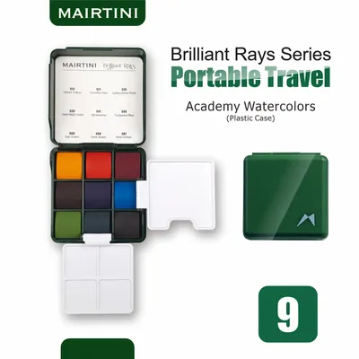 Produktbild von Mairtini Mini Academy Aquarellfarben Set - 9 intensive Farben im stylischen dunkelgrün Reiseetui – Ideal für unterwegs & kreative Momente