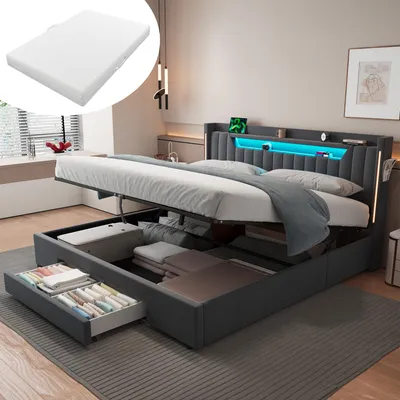 Produktbild von STILVORA Einzelbett 180x200 cm mit Matratze Bettgestell mit LED und Ladefunktion, LED-Bett mit Stauraum, Stauraumbett mit Ladefunktion