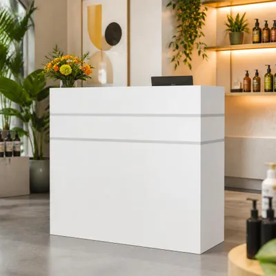 Produktbild von Empfangstheke mit 3 Schubladen und Ablageflächen Empfangstresen, Bürotheke, Rezeption Tisch mit Privatem Panel, Weiß, MDF, 120 x 48 x 110 cm