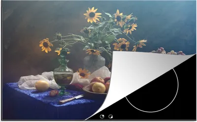 Produktbild von KitchenYeah© Herdabdeckplatte Stilleben - Weintrauben - Sonnenblumen - Obst - Kunst - Malerei , 81x52cm, Küche Deko, Glaskeramikkochfeld Herdabdeckung, Abdeckplatte fùr Kochfeld