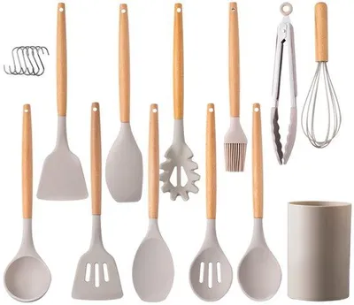 Produktbild von Unyqoos® 12‑teiliges Küchenhelfer-Set – komplette Kochutensilien mit hitzebeständigen Silikonköpfen & ergonomischen Holzgriffen, inkl. Halter mit 6 Haken, bis 230 °C