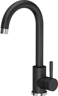 A black kitchen faucet with a silver accent at the spout and base.