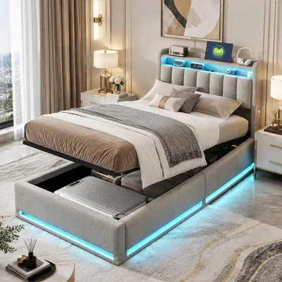 Produktbild von INONEFT Polsterbett 90 x 200 cm, hydraulisches Bett mit Stauraum und Lattenrost, Einzelbett mit LED und USB, Kinderbett, Samt, grau, ohne Matratze, KI-generiertes Bild