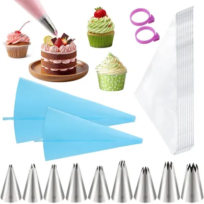 Immagine prodotto di Set di sacchetti per decorazioni, composto da 50 sacchetti monouso e 2 sacchetti in silicone, con 9 beccucci in acciaio inossidabile per la decorazione di torte