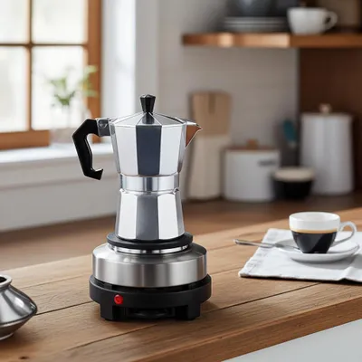 Produktbild von Kompakte elektrische Mini-Einzelkochplatte mit Espresso-Kocher, 500 Watt, Ideal für Camping & kleine Küchen