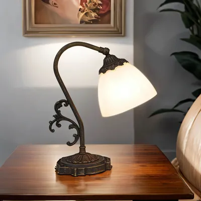 Produktbild von Tischlampe Weiß Bronze E14 30 cm Glas Messing massiv Jugendstil Tischleuchte