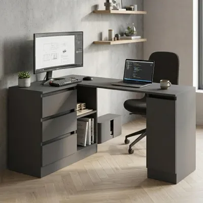 Zdjęcie produktu dla ULWEHOME Biurko Narożne Bezuchwytowe Antracyt Uniwersalne Lewe Prawe z Szufladami Szafką Duże 155x85 cm Komputerowe Biurowe do Pokoju Ucznia Stolik