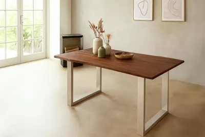 Produktbild von Esstisch Baumkante 180 x 90 cm massiv Akazie nussbaum U-Gestell silber QUINTUS