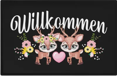Produktbild von Trendation - Willkommen Fußmatte Grafik Schmutzfangmatte Geschenk Außen Innenbereich 60x40 cm Waschbar Türmatte Rentiere Reh
