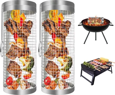 Produktbild von 2 Stück rollender Grillkorb, Edelstahl-Rollgrillkorb, Grillzubehör für Camping, für das Grillen von Gemüse im Freien, Halter für Pommes frites, Fisch