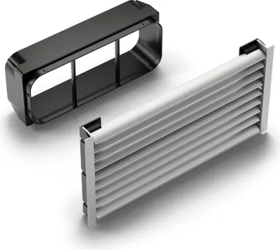 Immagine prodotto di Griglia di ventilazione a zoccolo Naber Prime 150 set flusso angolare, colore acciaio inox 4051072 Sistema di condotti piatti da 150 mm completo