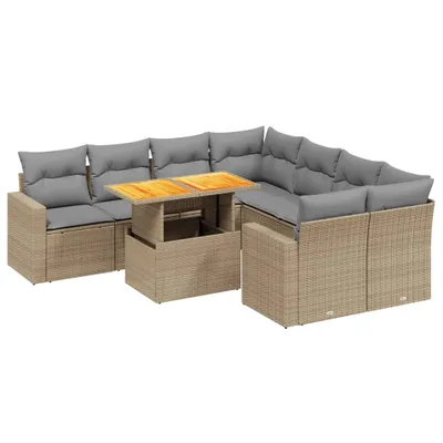 Produktbild von vidaXL 9-tlg. Garten-Sofagarnitur mit Kissen Beige Poly Rattan