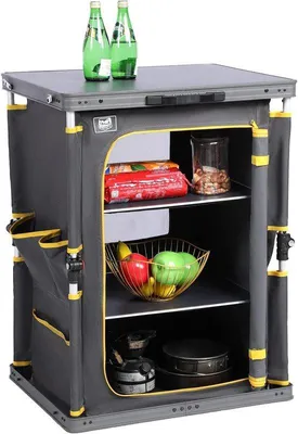 Produktbild von Praktischer Camping- und Garten-Kühlschrank mit integrierten Einbauschubladen und seitlichem Gepäckfach