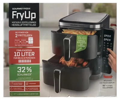 Produktbild von GOURMETmaxx Airfryer 10 L Heißluft-Fritteuse mit 2 Kammern und 12 Programme Küchen-Kleingerät klappbares Touchdisplay 2800W Schwarz