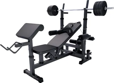 Produktbild von GORILLA SPORTS® Hantelbank mit Gewichten - 170 cm Hantelstange, 40/70/100 kg Hantelset, Beincurler, Butterfly, Dip-station, Curlpult - Trainingsbank